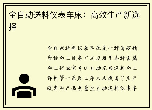 全自动送料仪表车床：高效生产新选择